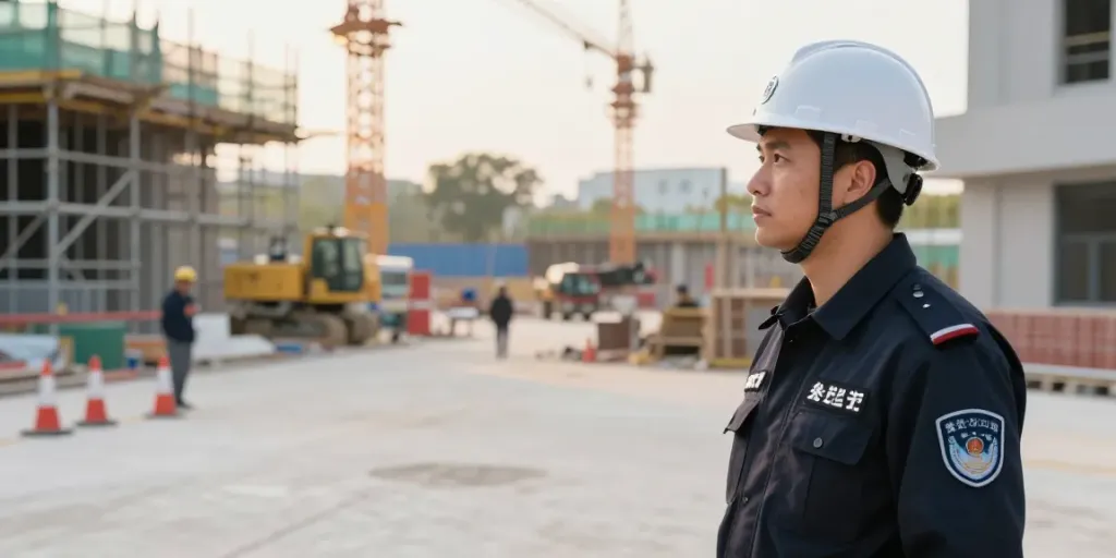 Construction Site Security professional ensuring safety at a bustling construction zone, demonstrating trusted licensed services.