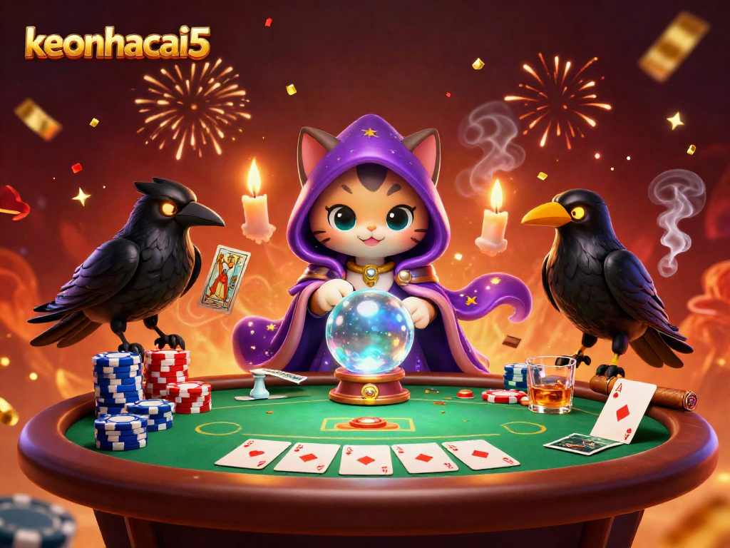 Engage with keonhacai5 as a fortune teller cat guides your poker strategy in a vibrant casino scene.