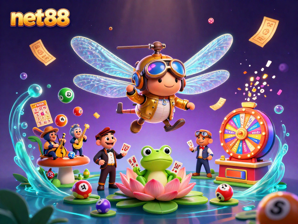 Experience the excitement of net88 with a lively casino scene featuring a dragonfly pilot and frog croupier.