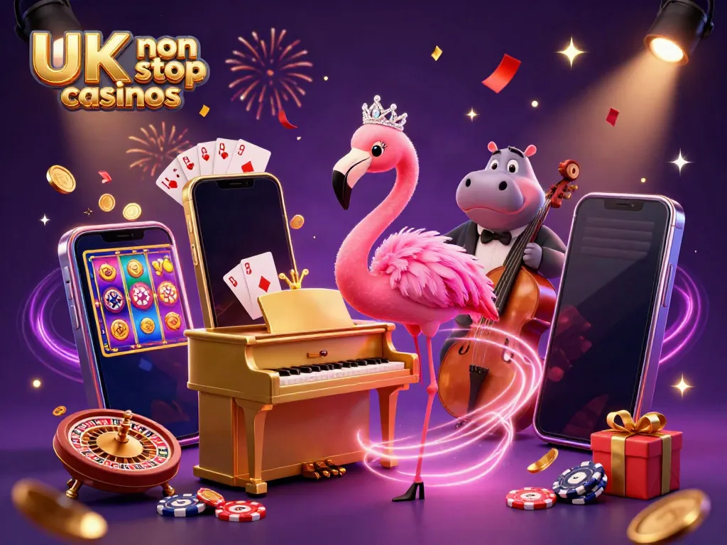 Engaging scene showcasing UK non gamstop casinos with a flamingo and hippo, surrounded by vibrant gaming elements.