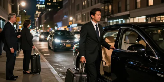Watermill to Manhattan car service with a professional driver and luxury sedan amidst NYC skyline.