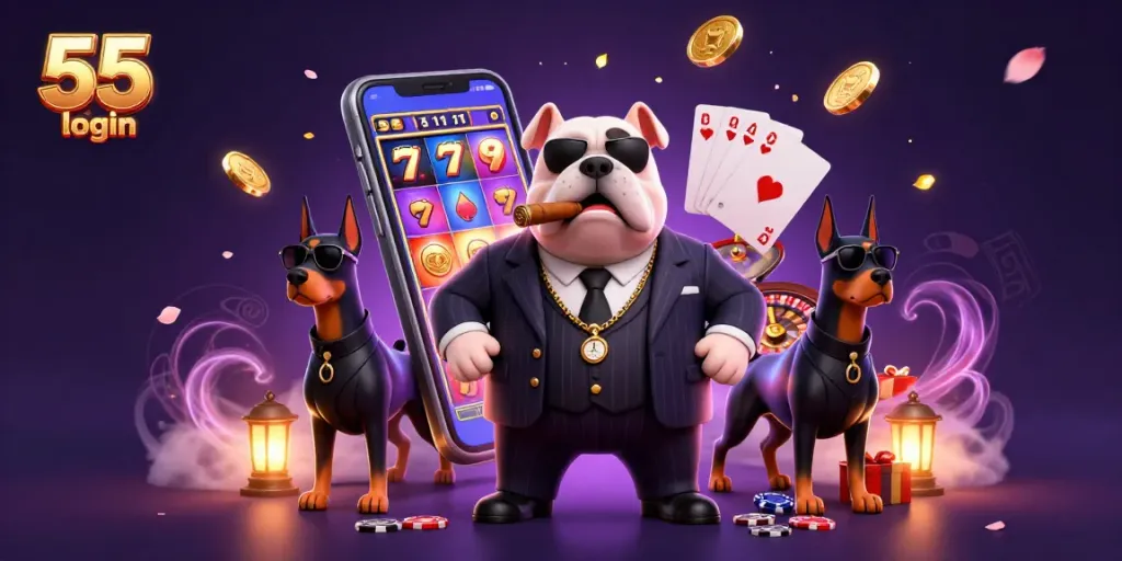 Engage with thrilling bets via 55 club login, joined by a mafia bulldog and bodyguards amidst casino action.