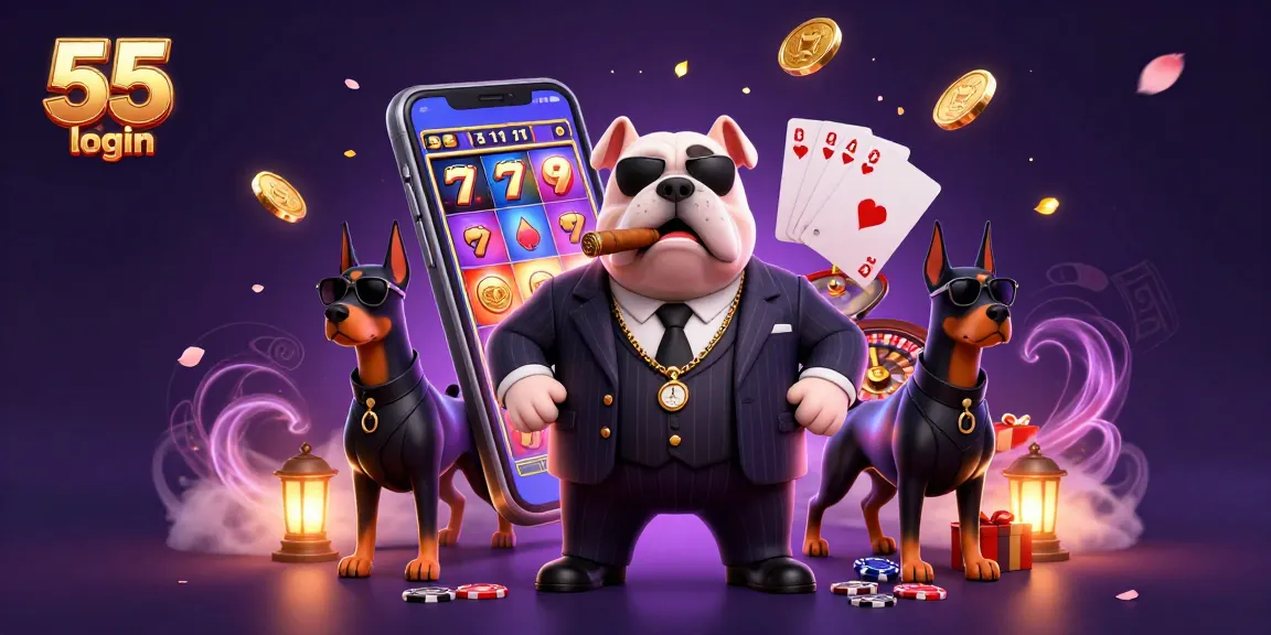 Engage with thrilling bets via 55 club login, joined by a mafia bulldog and bodyguards amidst casino action.