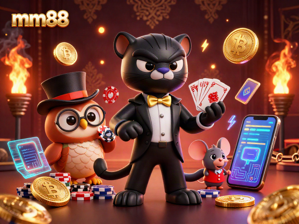 Engage in the immersive world of mm88's casino thrills with stylish characters and crypto elements.