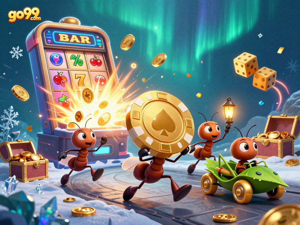 Go99com's animated heist scene with ants, golden poker chips, and slot machines