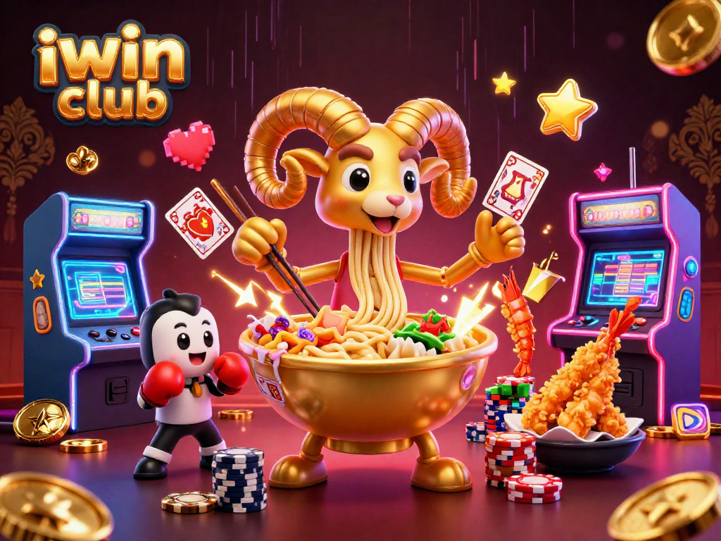 Engage with iwin club's vibrant 3D casino scene featuring cartoon characters, arcade games, and jackpot allure.