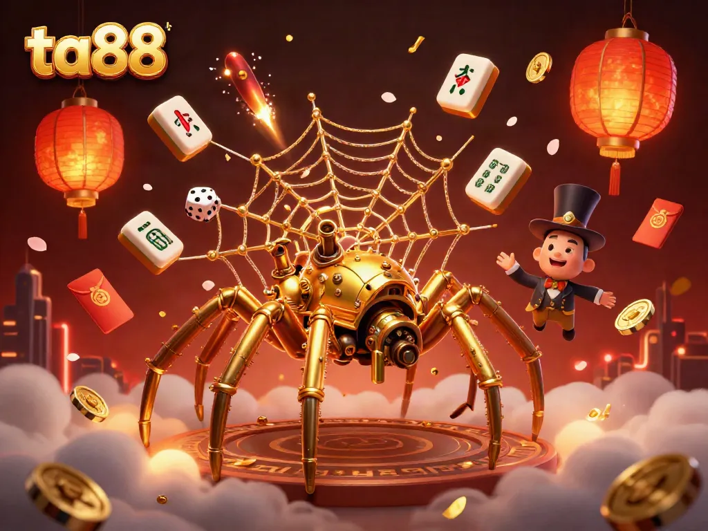 Engage with ta88 as the steampunk spider weaves a web of luck with vibrant casino elements.