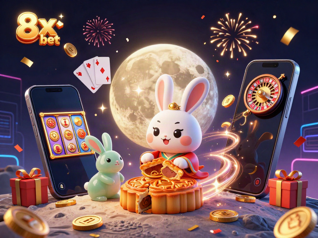 Engage with 8x bet in a vibrant scene featuring playful moon rabbits and exciting casino elements.