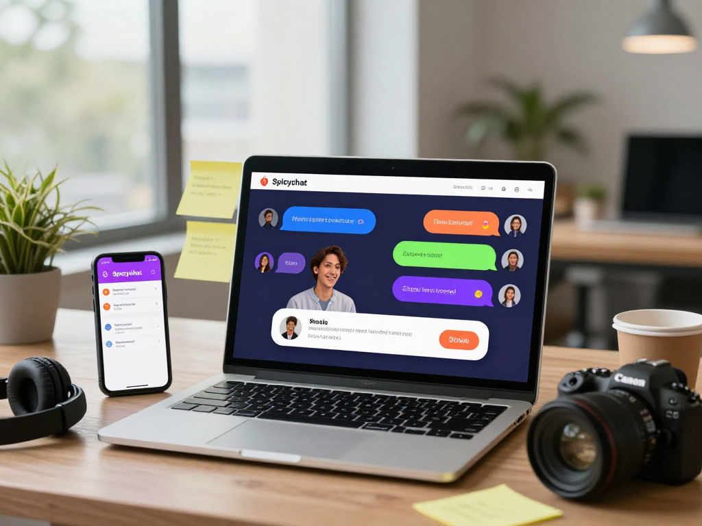 User engaged in spicychat conversations on a dynamic tech workspace with lively chat bubbles.