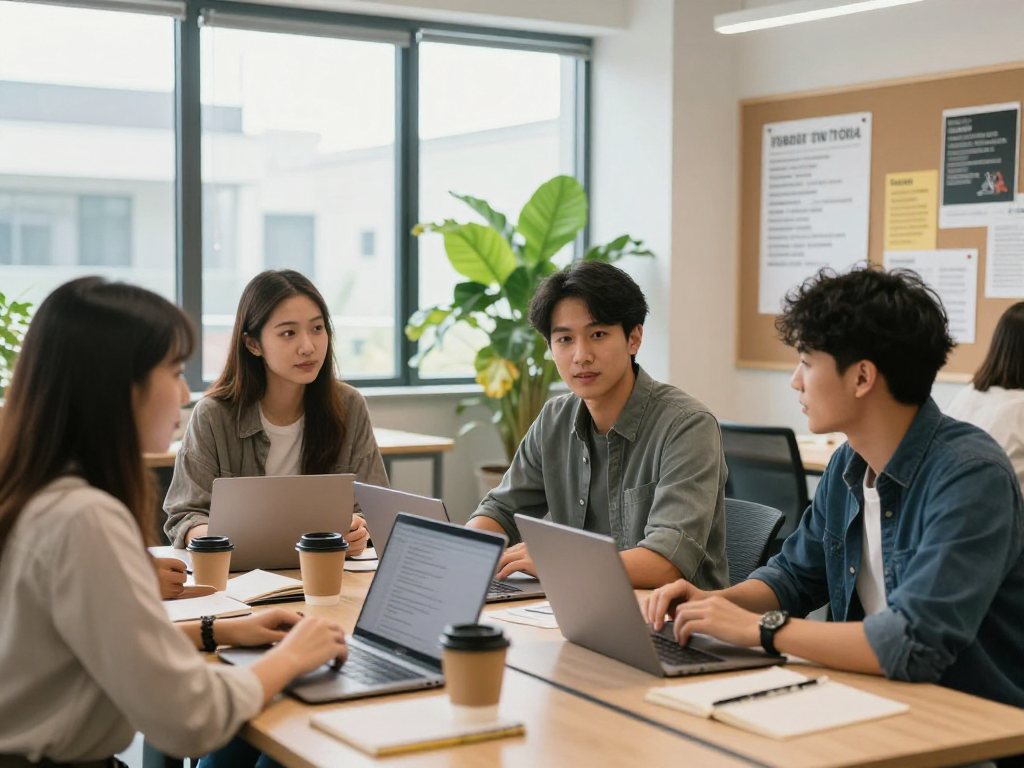 University and trade school graduates collaborating in a bright co-working space, showcasing skills and networking.