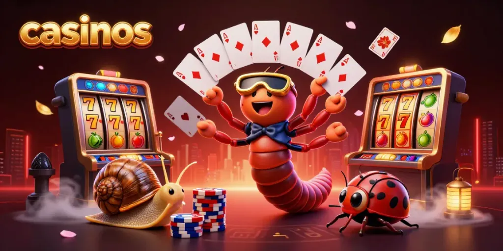 Casinos illustrated with a millipede dealer and a snail high-roller among colorful gaming elements.