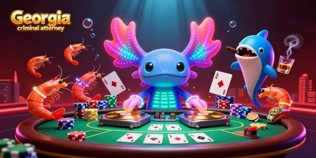 Engage with expert Georgia criminal attorney visuals featuring vibrant casino elements and energetic characters.