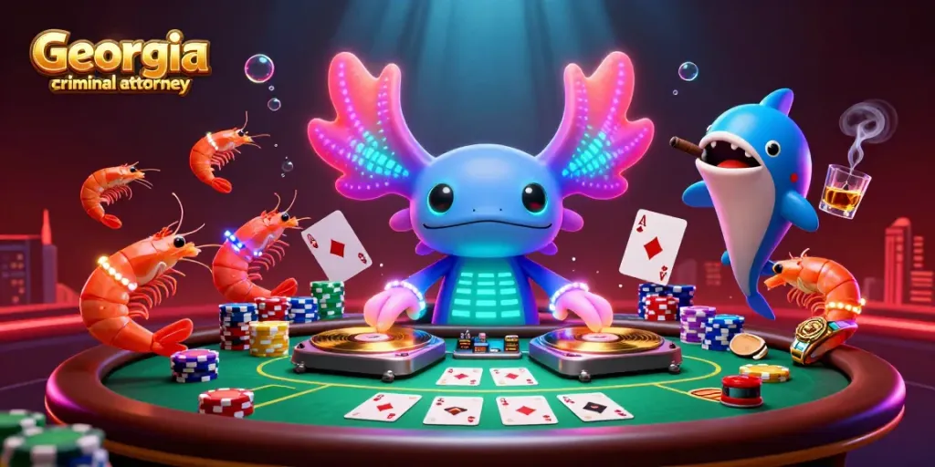 Engage with expert Georgia criminal attorney visuals featuring vibrant casino elements and energetic characters.