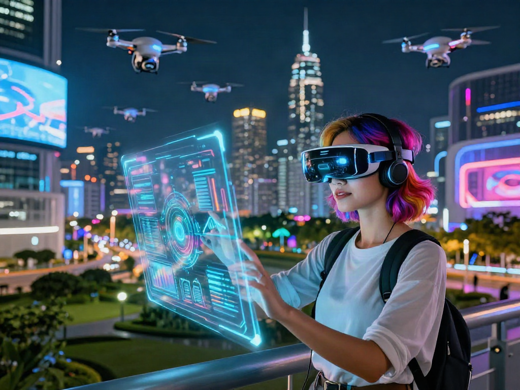 A vibrant AI-driven city with a confident woman using augmented reality, illustrating the concept of ai slut and innovative technology.