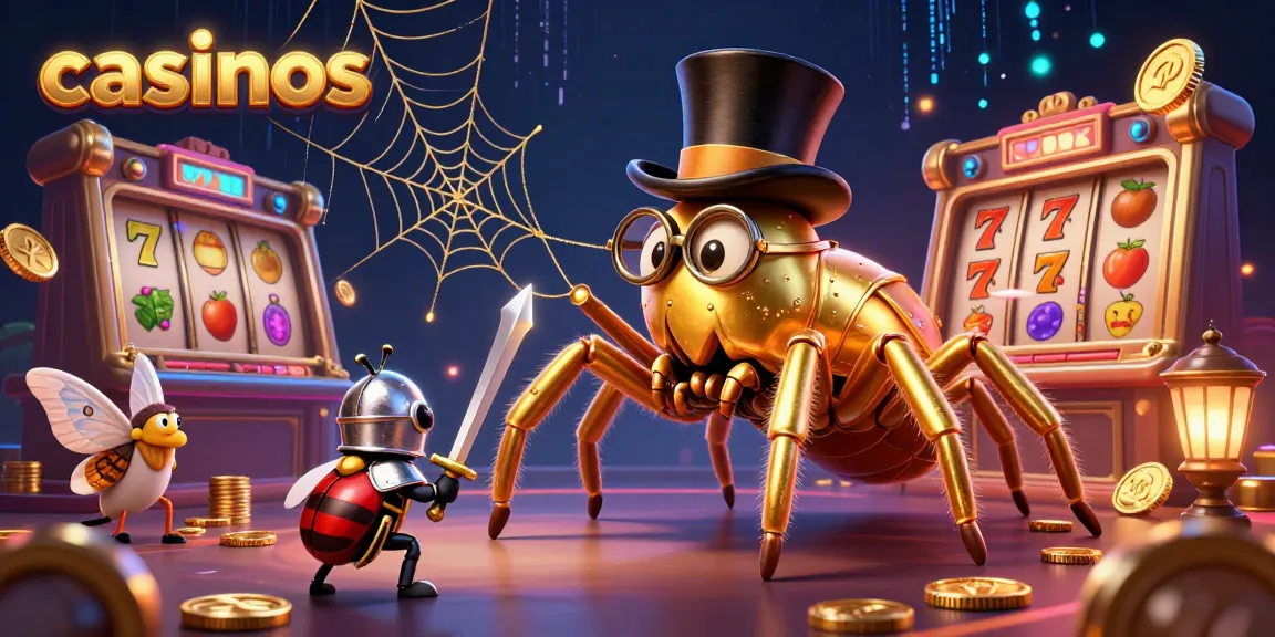 Witness a giant tarantula weaving golden threads in a vibrant casinos scene.