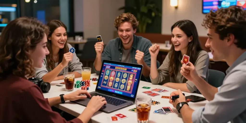 Best credit card casinos: Friends celebrating while playing at an online casino, showcasing a lively gaming atmosphere.