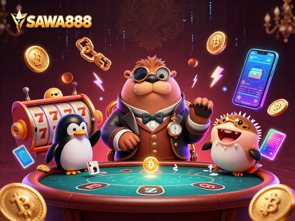 Earn big with SAWA888 at a vibrant underwater poker scene featuring whimsical 3D characters.