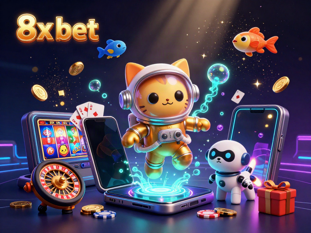 Engage with 8x bet slots and gaming features in this vibrant 3D illustration.