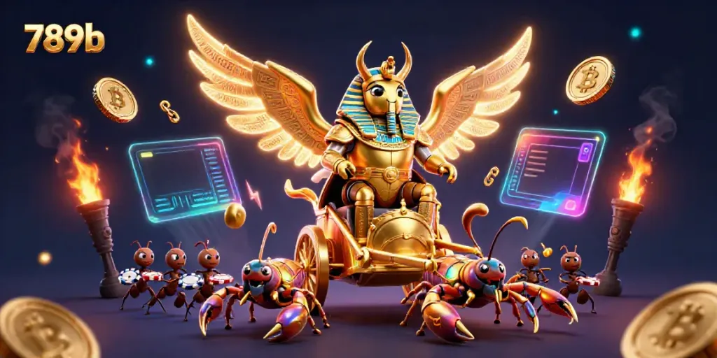 Experience thrilling casino action with 789b's vibrant illustration featuring a golden scarab and gaming elements.