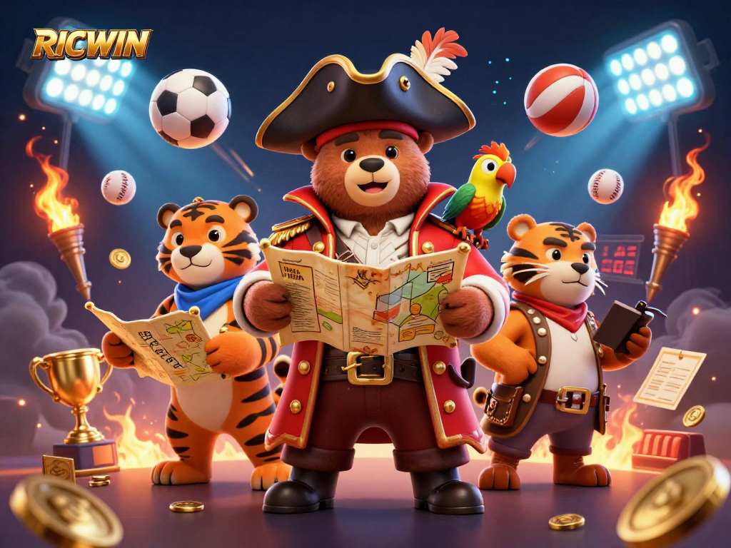 Win exciting adventures with RICWIN, featuring a pirate bear and a fierce tiger in a lively casino scene!
