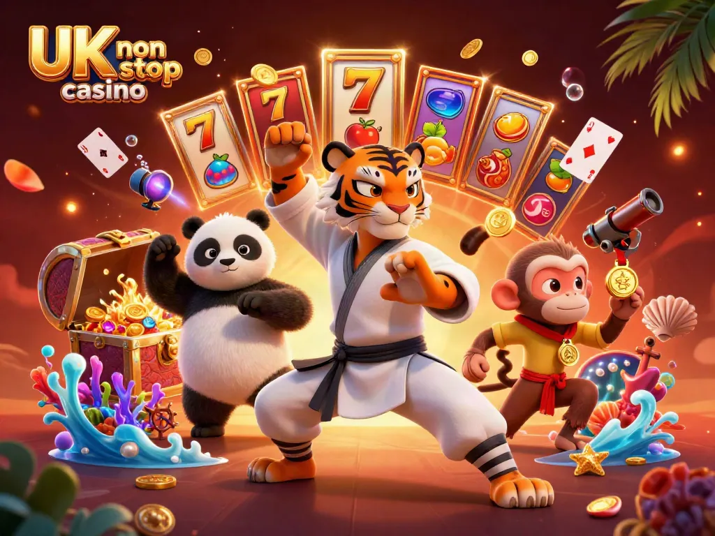 Engage in the vibrant scene of a UK non gamstop casino with animated characters among festive slot reels and treasures.
