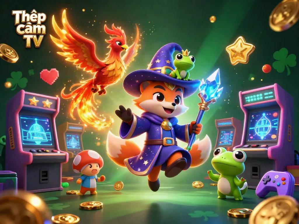 Engage in thrilling bets with Thập cẩm TV's fantasy illustration, featuring casino elements and mystical characters.