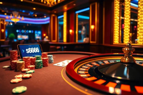 Capture the excitement of the app s666 in a luxury casino with poker chips and roulette wheels.