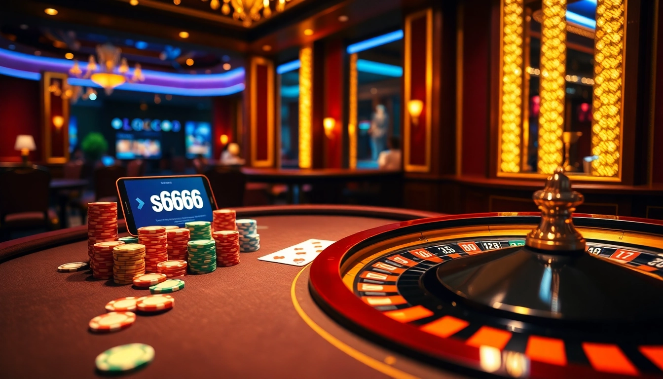 Capture the excitement of the app s666 in a luxury casino with poker chips and roulette wheels.
