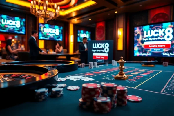 Experience the exciting LUCK8 đăng nhập with luxurious casino elements, including poker chips and a roulette wheel.