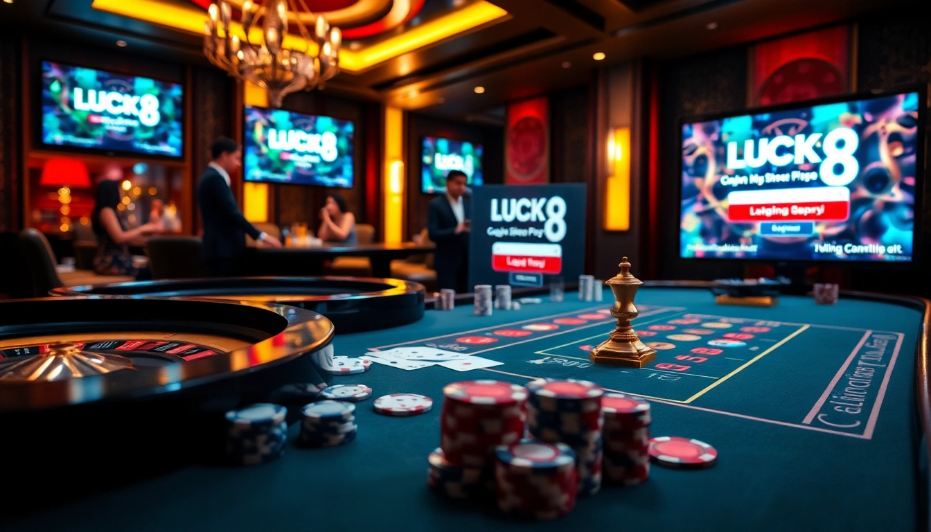 Experience the exciting LUCK8 đăng nhập with luxurious casino elements, including poker chips and a roulette wheel.