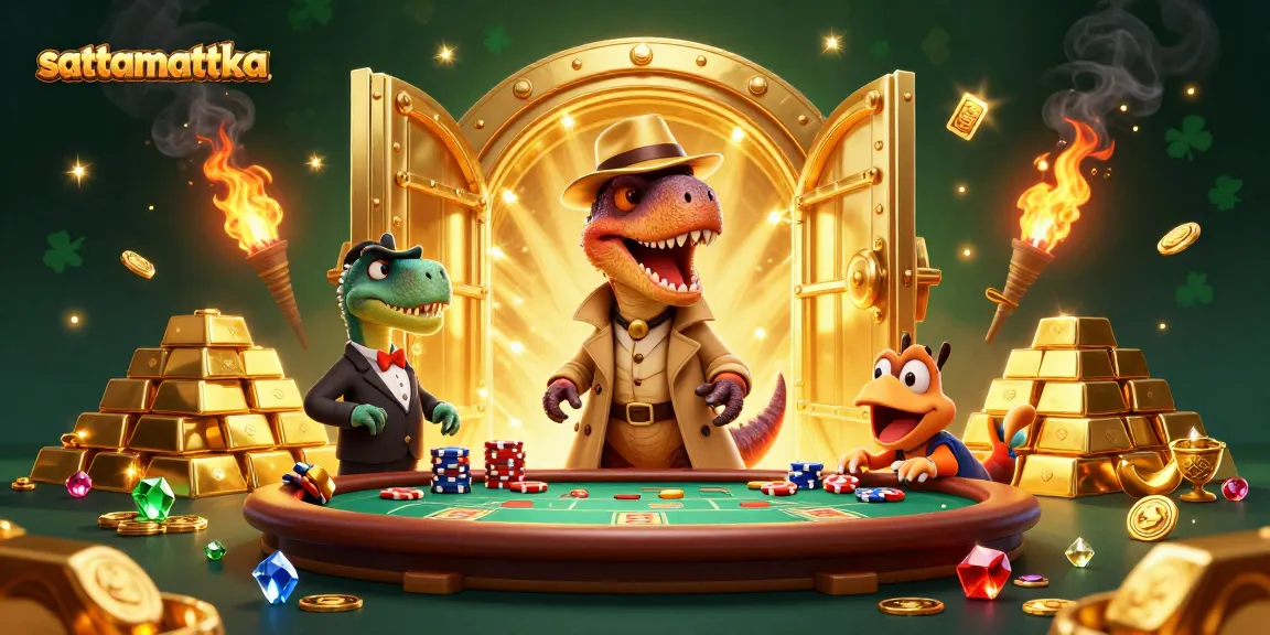 Sattamattka scene showcasing a velociraptor card counter at a blackjack table, with vibrant casino elements