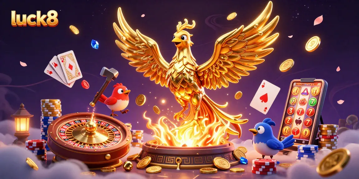 Experience the excitement of luck8 with a dynamic 3D scene featuring a golden phoenix and casino elements.