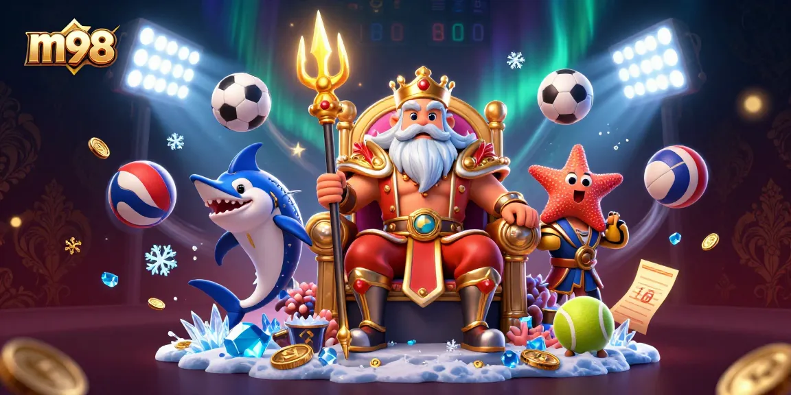 Bet on m98 with high-energy 3D illustration showcasing Neptune, sports elements, and exciting casino vibes.