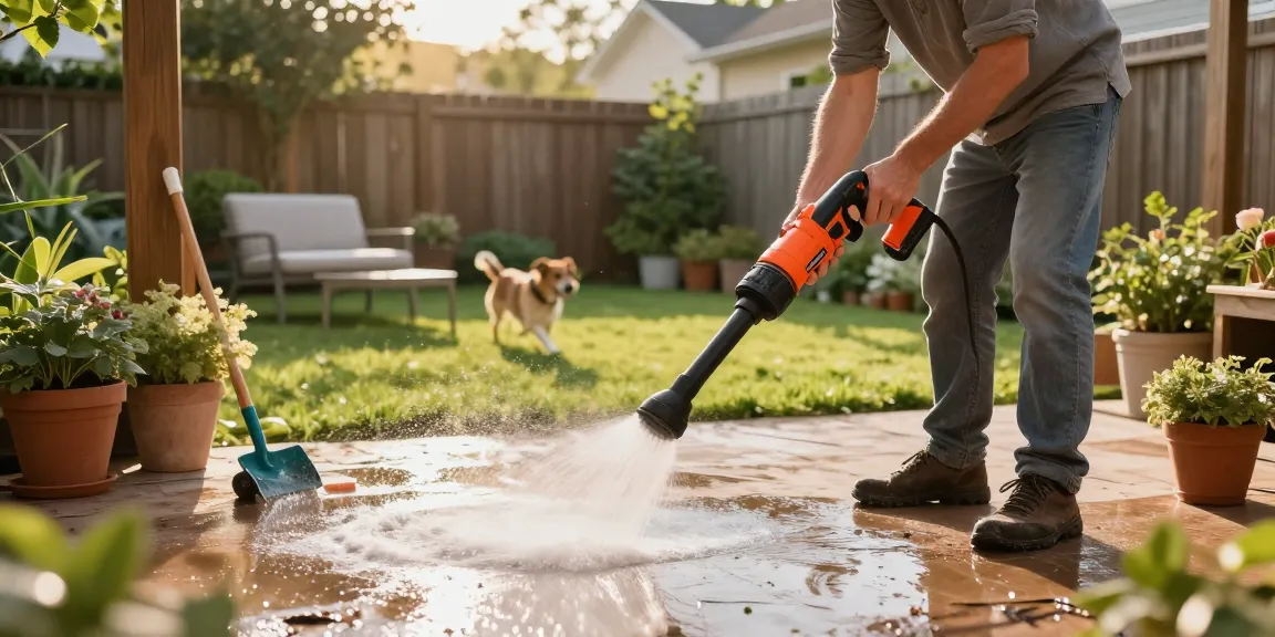 Dewalt jet wash in action, refreshing a patio while cleaning tools surround a sunny backyard scene.