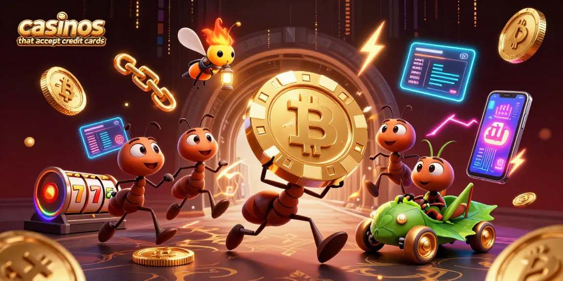 Experience the excitement of casinos that accept credit cards with a heist scene featuring cartoon ants and glowing crypto elements.