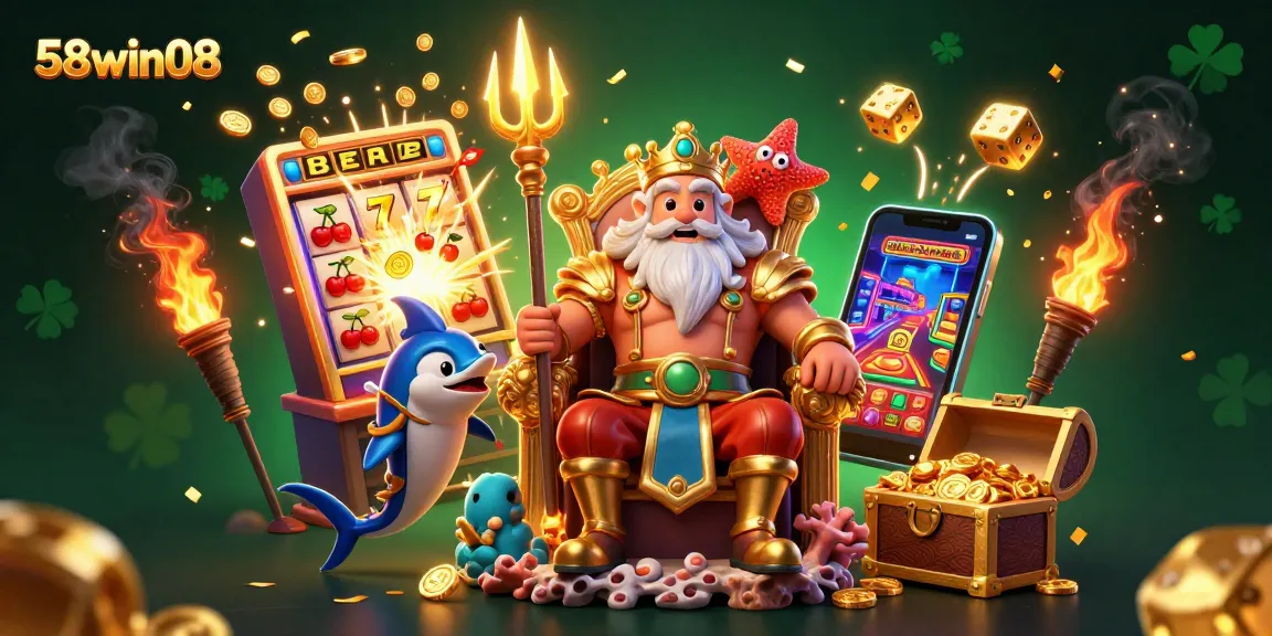 Experience the excitement of 58win08 with a vibrant 3D casino scene bursting with rewards and jackpots.