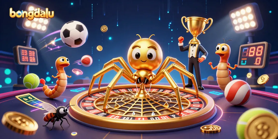 Engage in sports betting with Bongdalu as a golden spider spins a roulette wheel web.