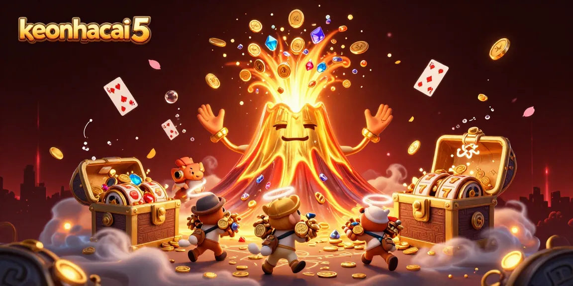 Experience the thrilling keonhacai 5 action with a golden volcano erupting coins, gems, and treasures.