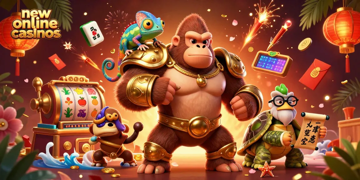 Explore new online casinos in a vibrant, dynamic 3D illustration featuring a gorilla king, chameleon spy, and tortoise elder.