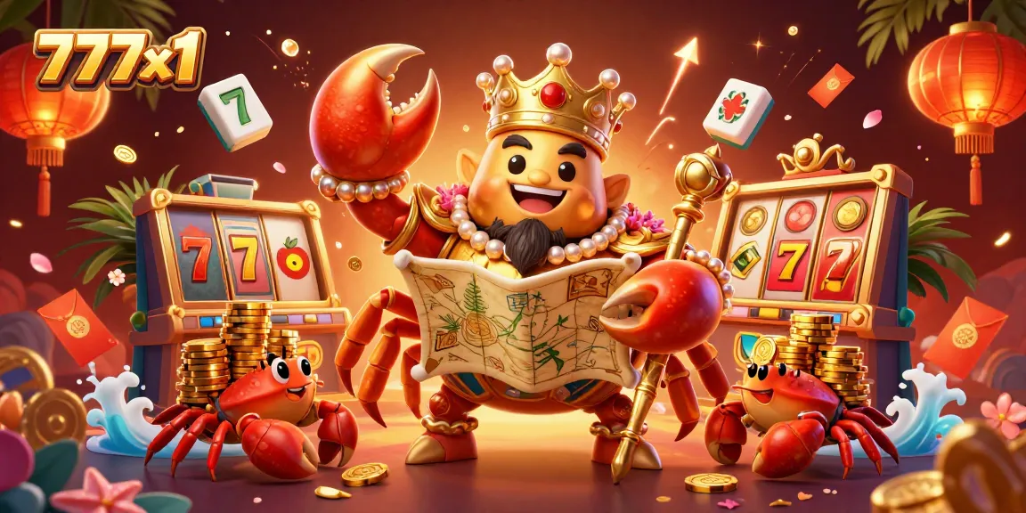 Experience thrilling wins at 777x1 with a vibrant casino scene featuring a golden crab emperor.