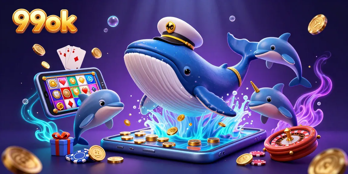 Experience thrilling wins at 99ok with playful dolphins flipping poker chips in a vibrant casino underwater scene.
