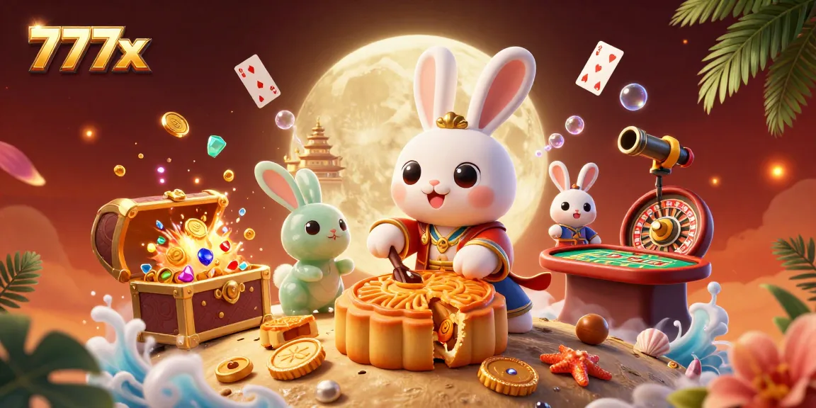 Engaging illustration of 777x featuring a moon rabbit and live casino elements, showcasing dynamic gambling action.