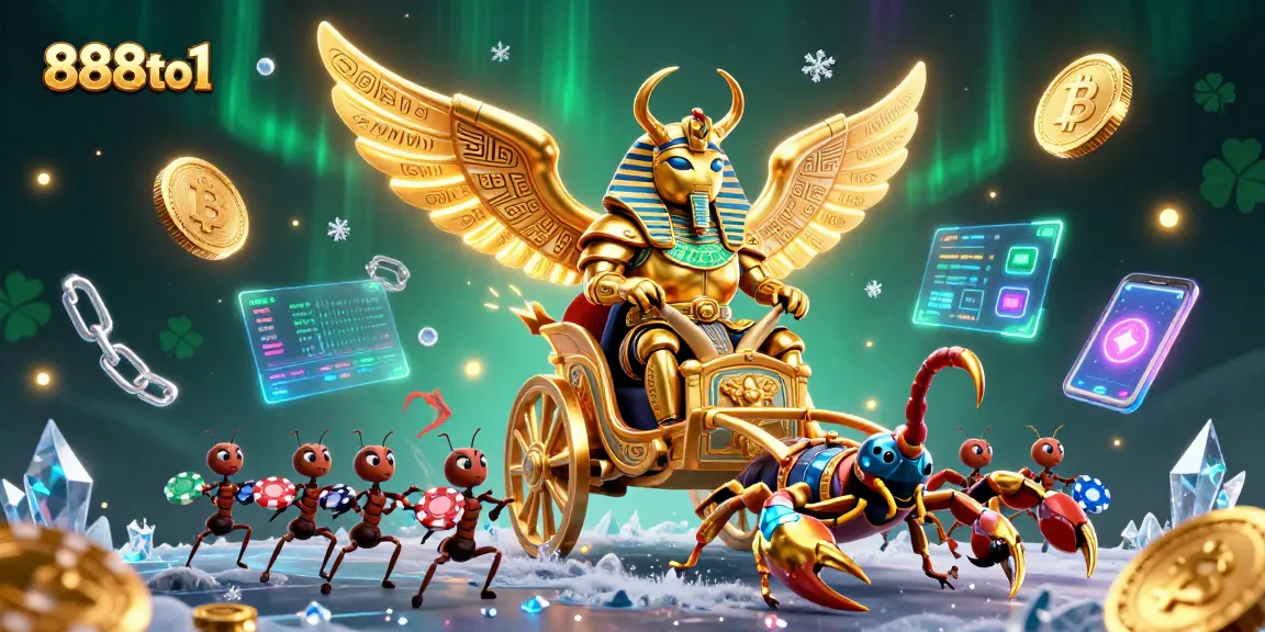 Experience thrilling gaming action at 888to1 with a vibrant 3D scene of a golden scarab beetle and scorpions.