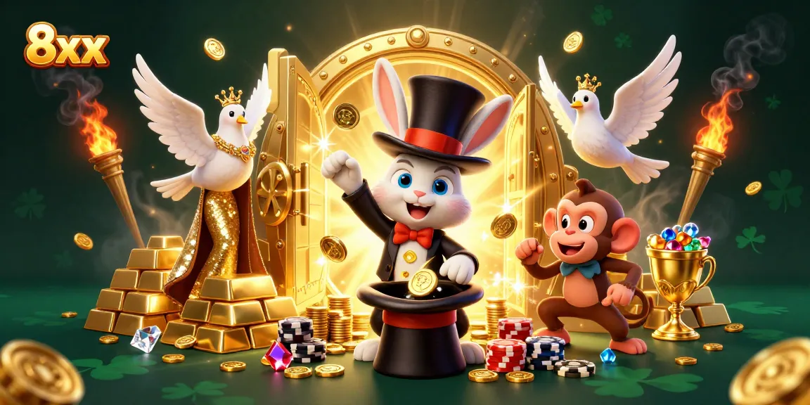 Experience thrilling gameplay with 8xx's captivating scene of a magician rabbit, dove, and monkey amid riches.