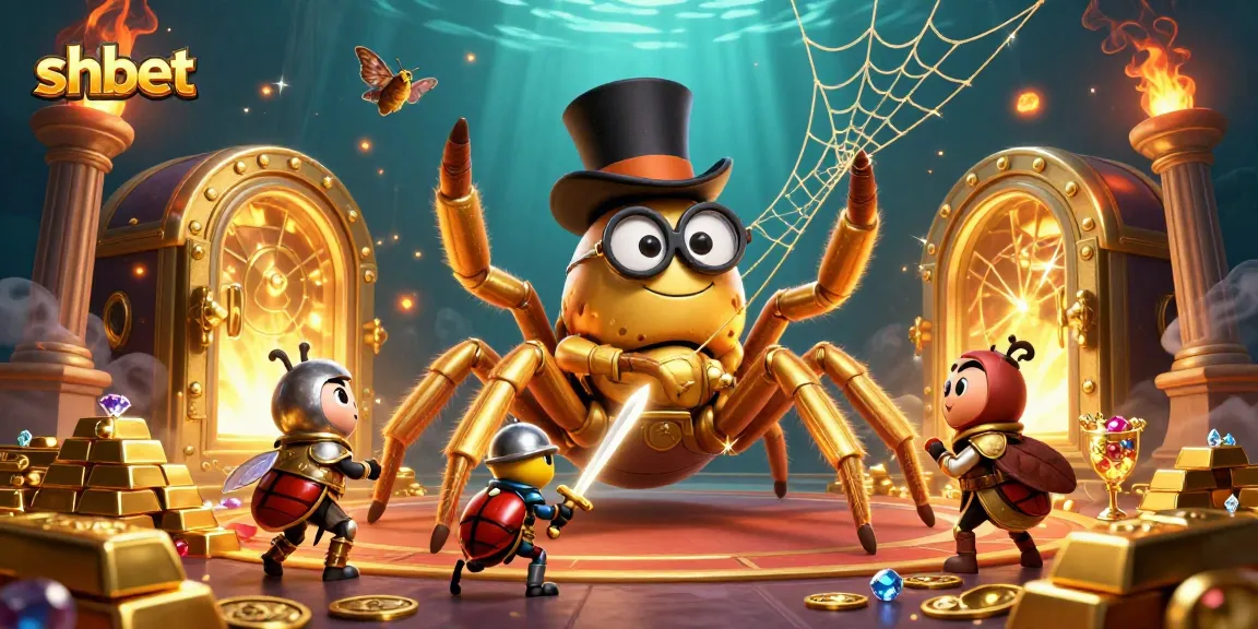 Experience exciting gameplay at shbet with a vivid scene featuring a golden tarantula, beetle knight, and treasures.