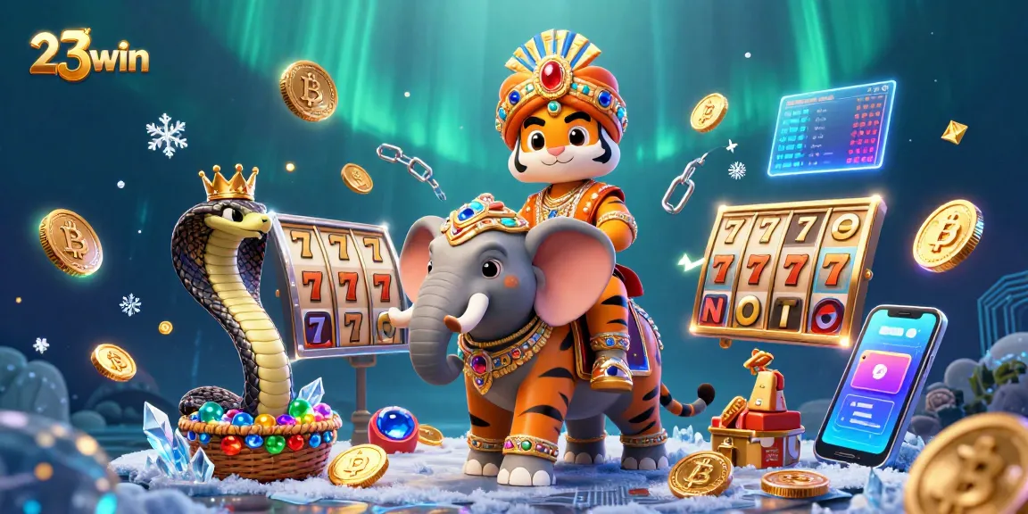 Join the excitement at 23win with vibrant slot games and colorful neon crypto elements in this 3D illustration.