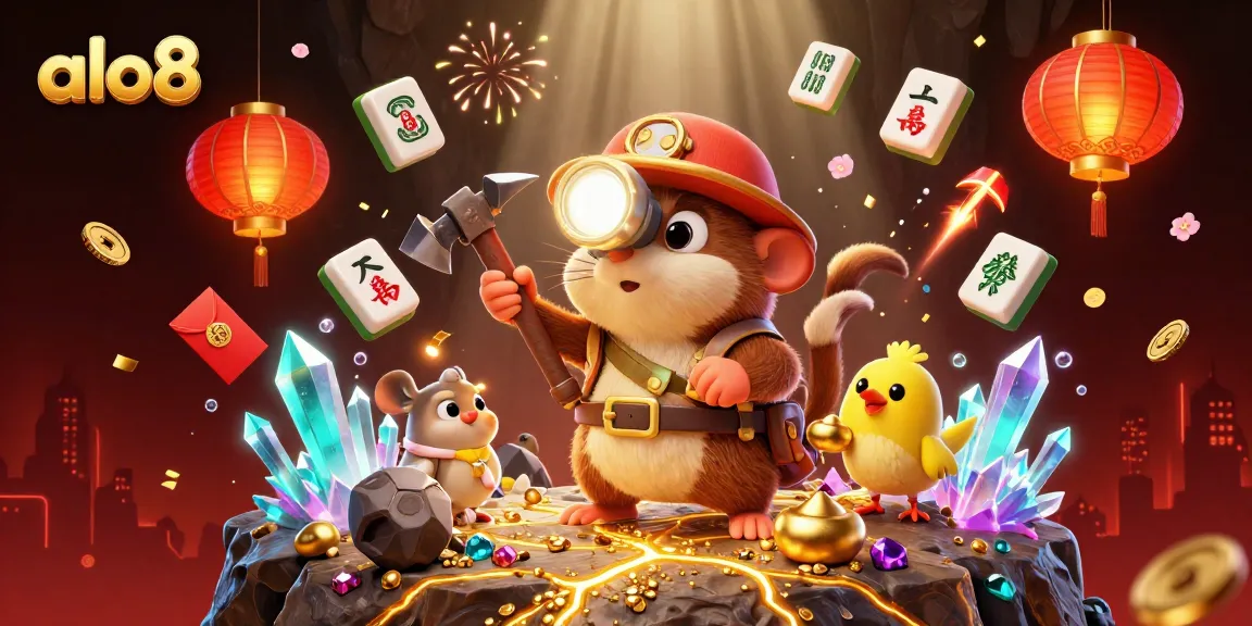 Alo8 gamblers explore a treasure cave filled with glowing gems and game elements in a vibrant setting.