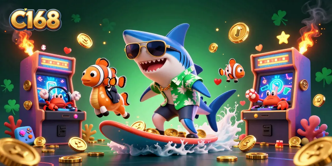 C168 brings online gaming to life with a vibrant shark riding gold coins amid blackjack and slot games.