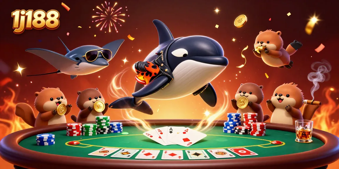 Engage with thrilling gameplay at 1j188, featuring a vibrant casino scene with playful characters and poker elements.