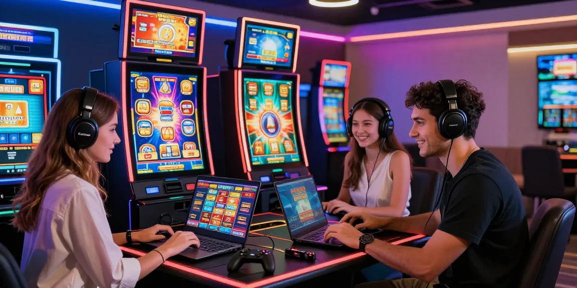 Exciting atmosphere of players enjoying credit card casinos at home with vibrant slot graphics and modern gaming gear.